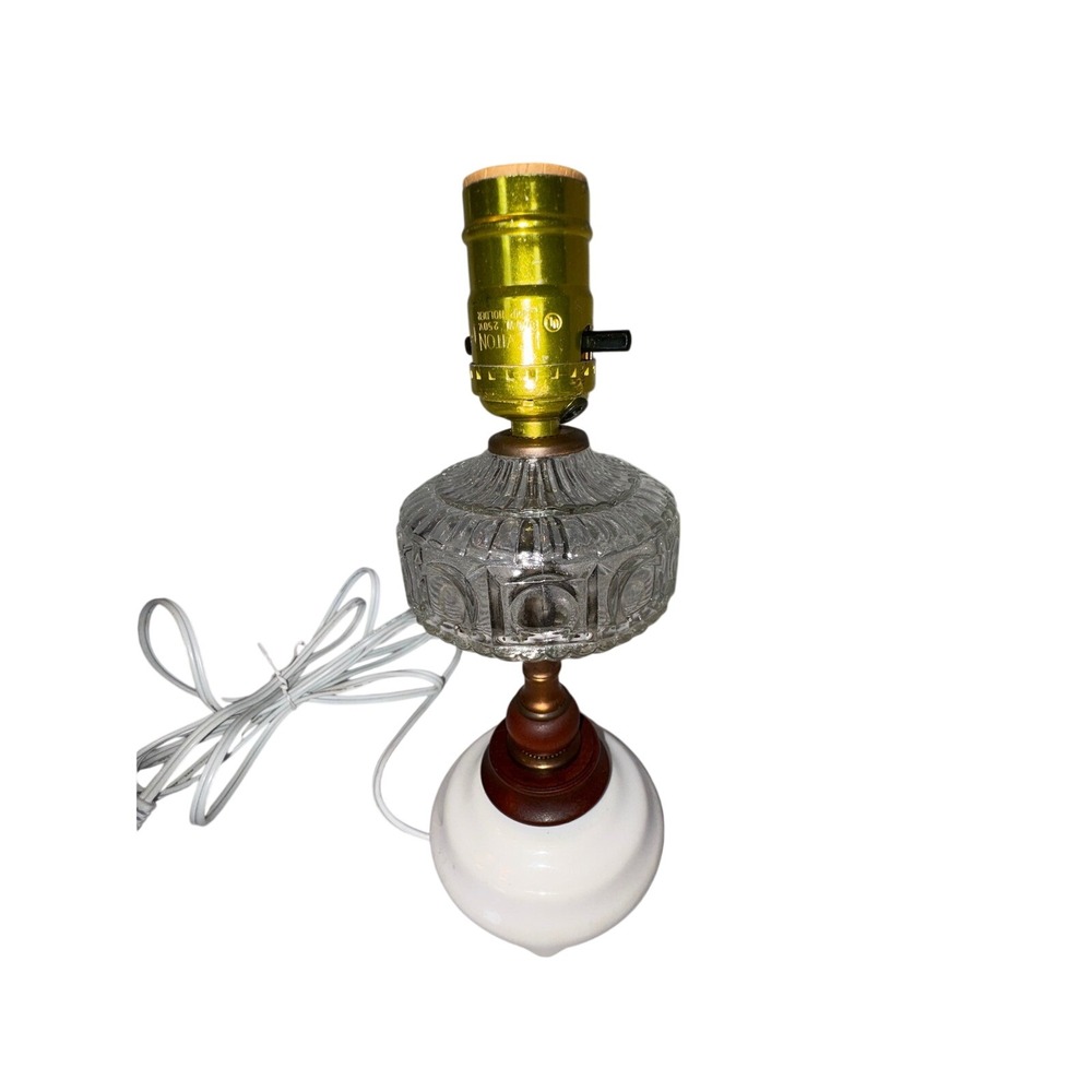 Vintage Milk Glass and Wood Table Lamp Rewired Clear Textured Glass Font 11 Inch